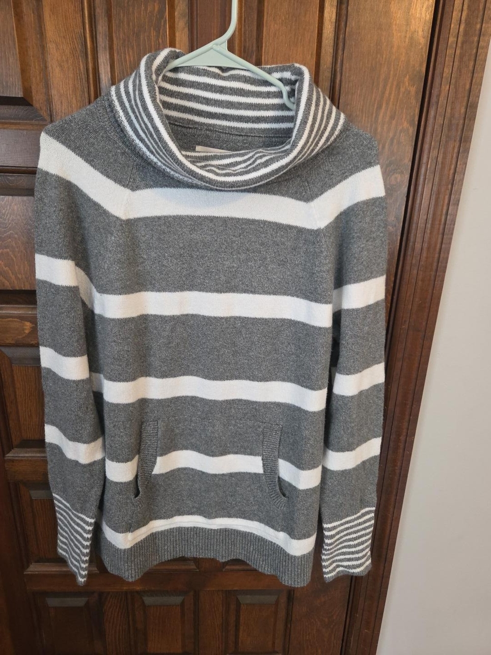 LOFT Gray and White Striped Turtleneck Sweater